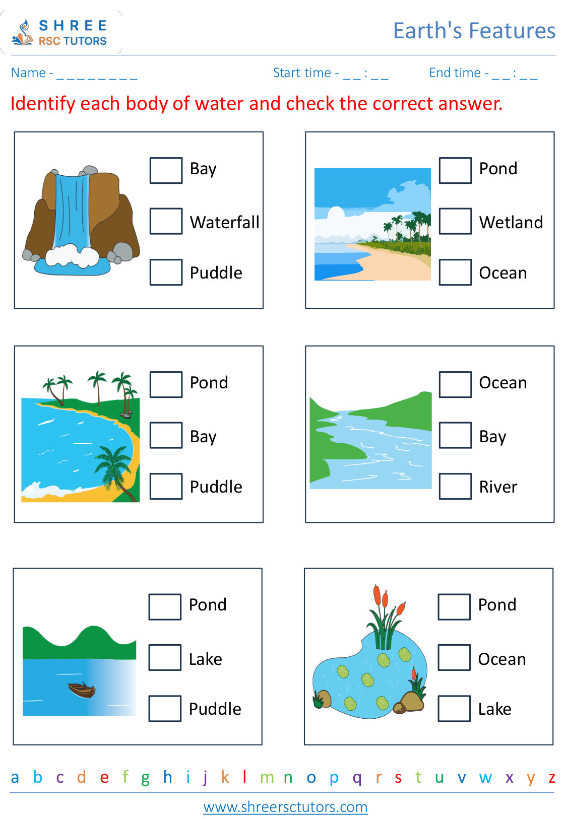 Identifying landforms and bodies of water worksheets for Grade 4